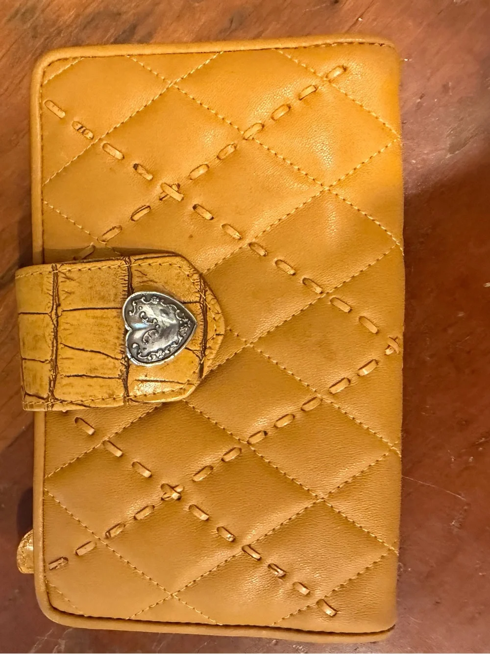 Vintage Brighton Bordeaux Checkbook Wallet Yellow Quilted Leather Croc Heart